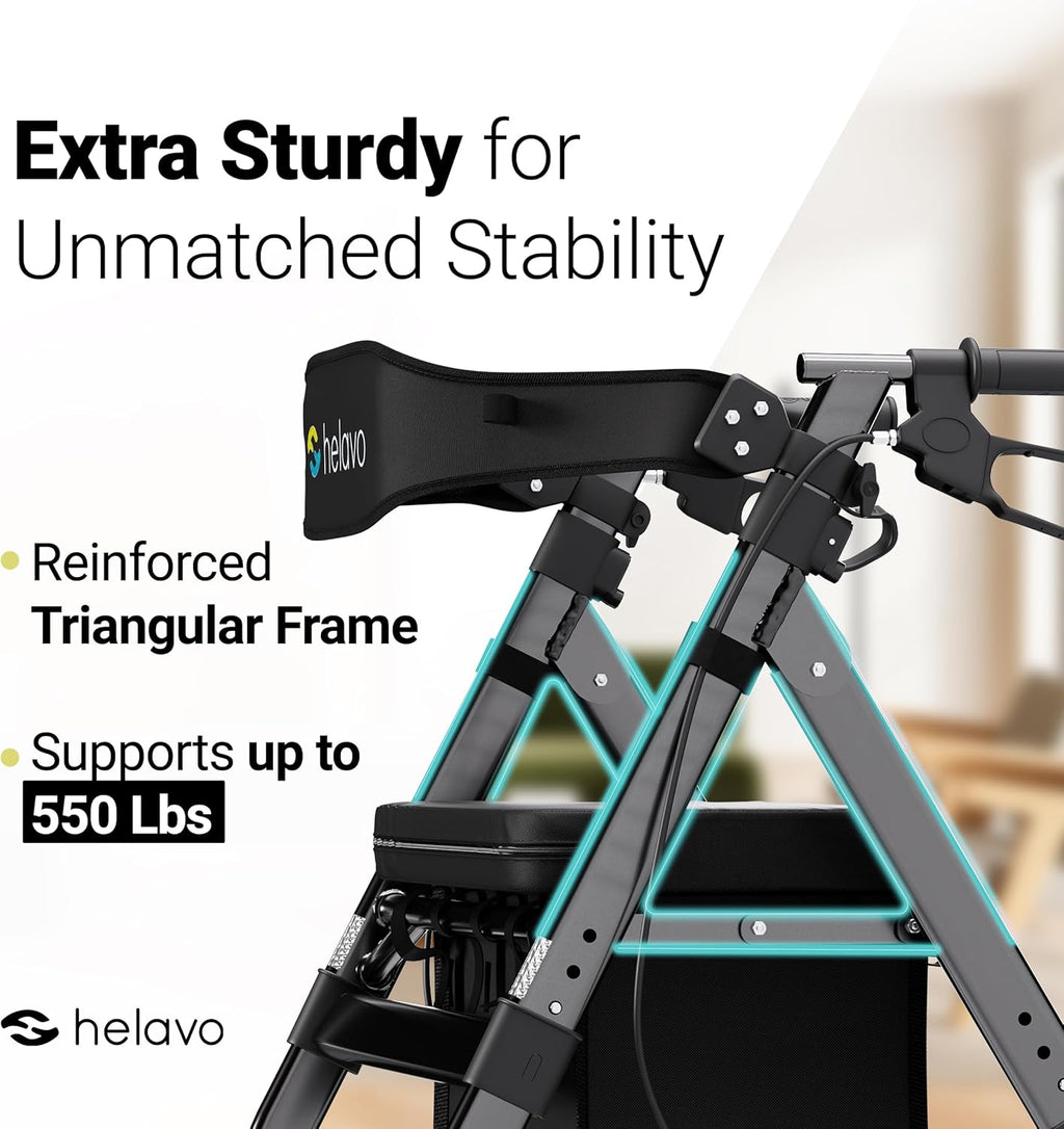 Helavo Bariatric Rollator Walker with Adjustable Seat, 8in Wheels, 550 lb Capacity

