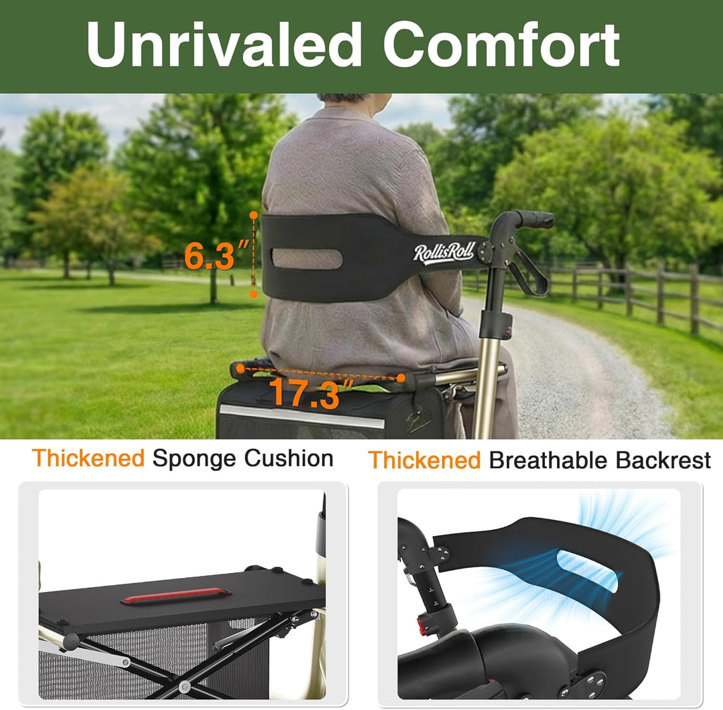 RollisRoll Rollator Walker with Seat, Foldable 4-Wheel, 10" All-Terrain Rubber Wheels

