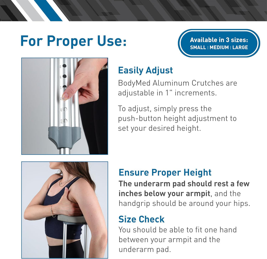 BodyMed Aluminum Crutches for Adults and Children, Pair Height Adjustable, 300 lb

