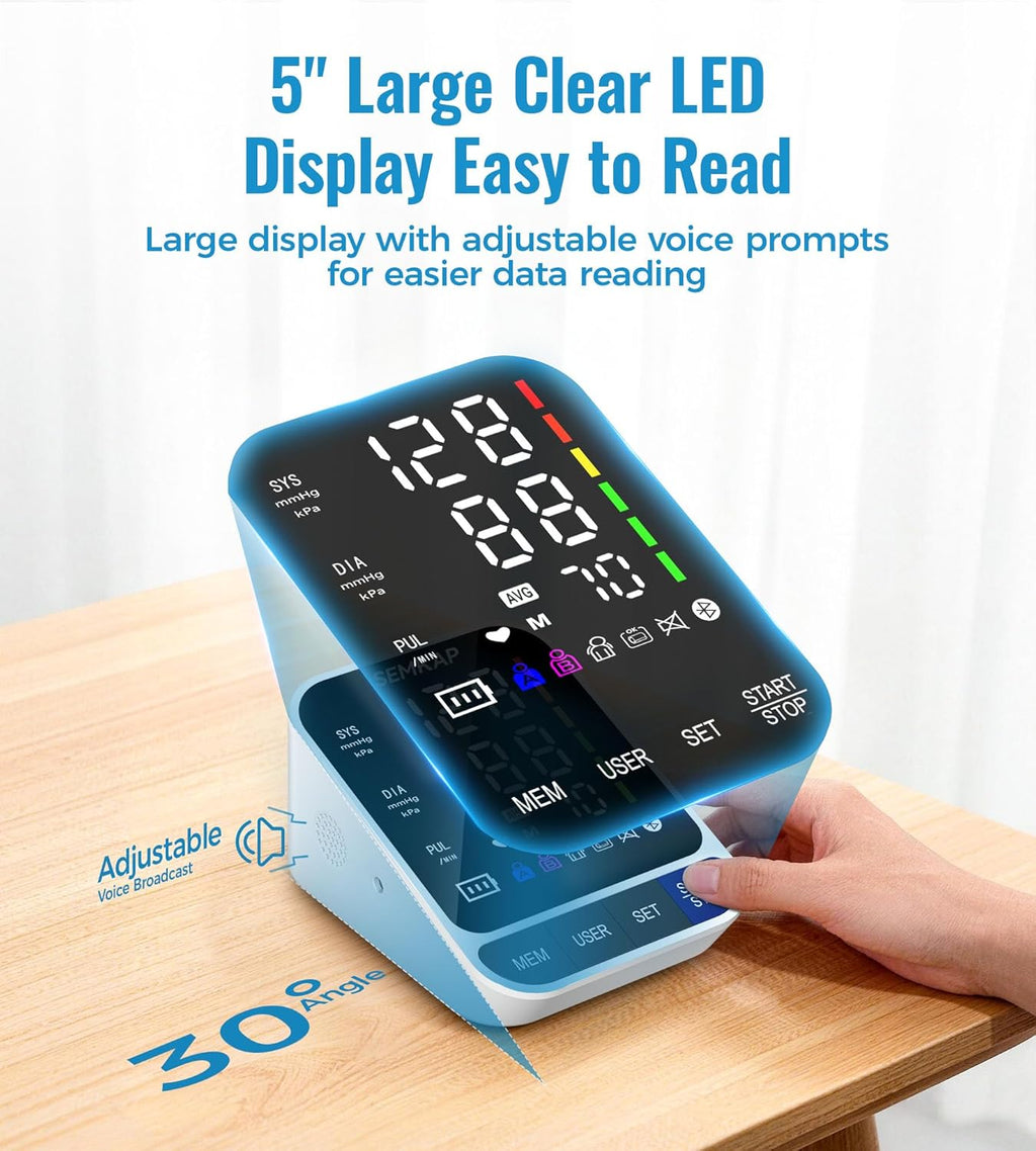 SEMKAP Auto Upper Arm Blood Pressure Monitor with Large LED Display and Voice

