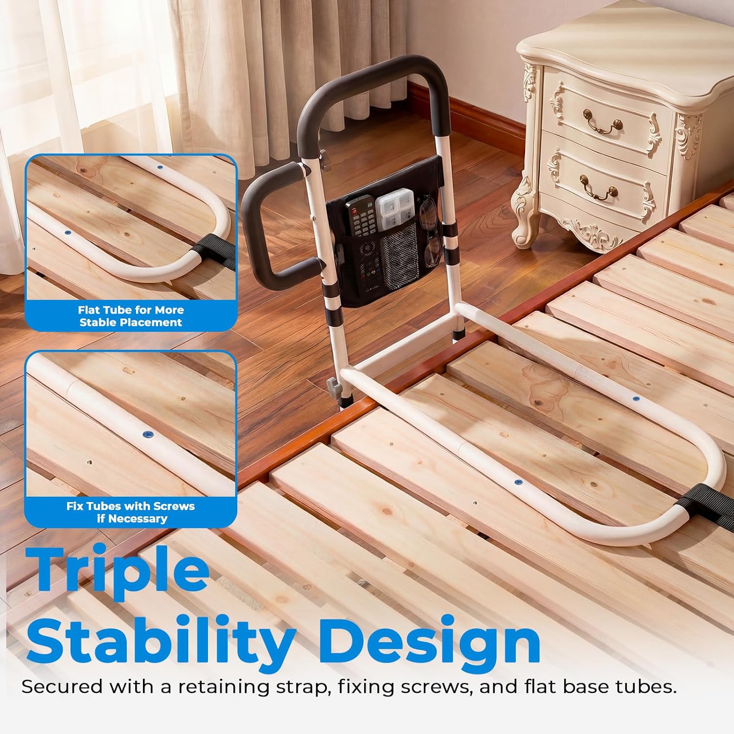 Adjustable Bed Rail for Seniors with Motion Sensor LED, Non-Slip Handle, Storage Bag

