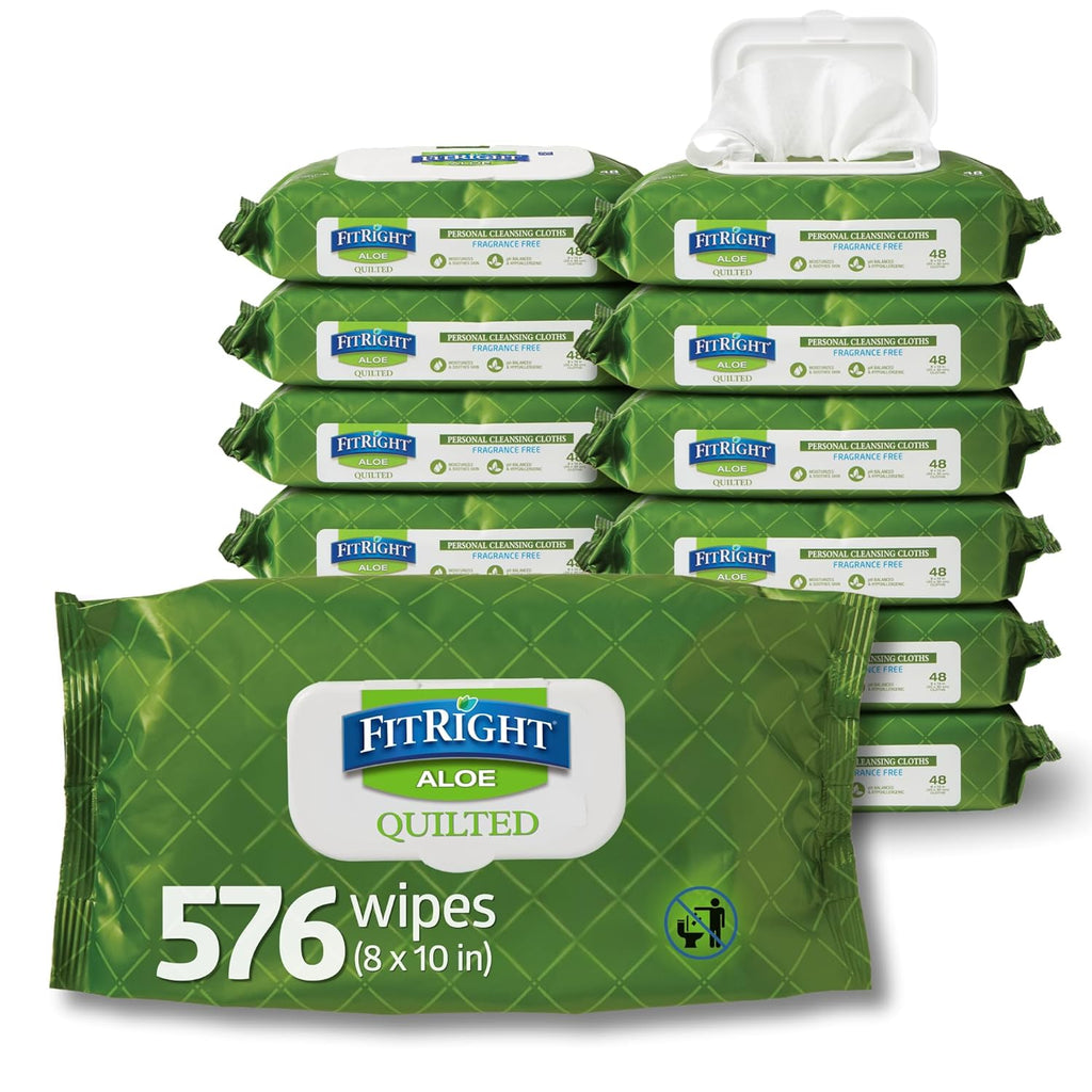 FitRight Aloe Quilted Heavyweight Cleansing Cloth Wipes, Unscented, 576 Count

