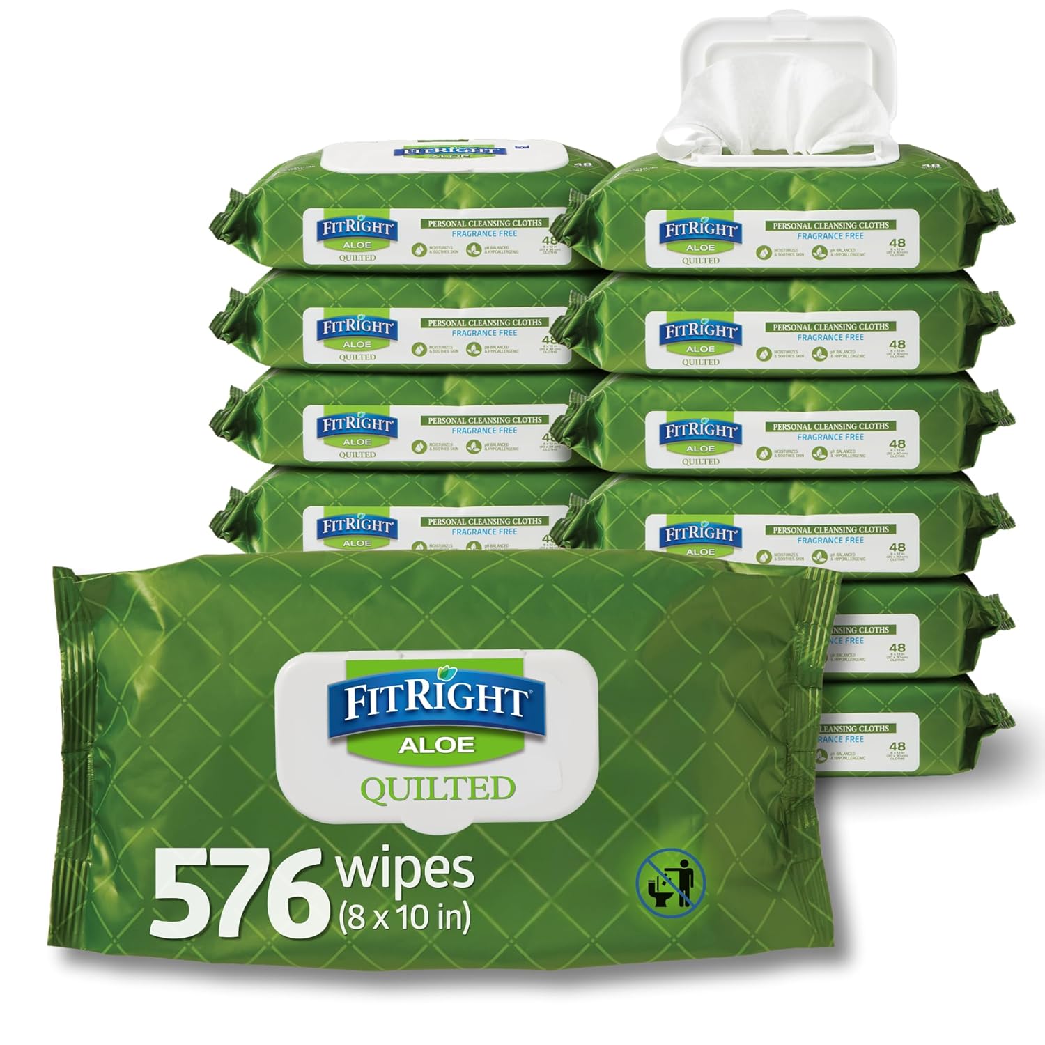 FitRight Aloe Quilted Heavyweight Cleansing Cloth Wipes, Unscented, 576 Count

