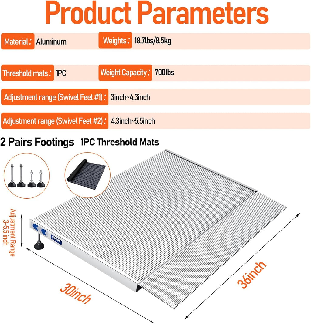 Aluminum Wheelchair Threshold Ramp for Doorways, Adjustable Height

