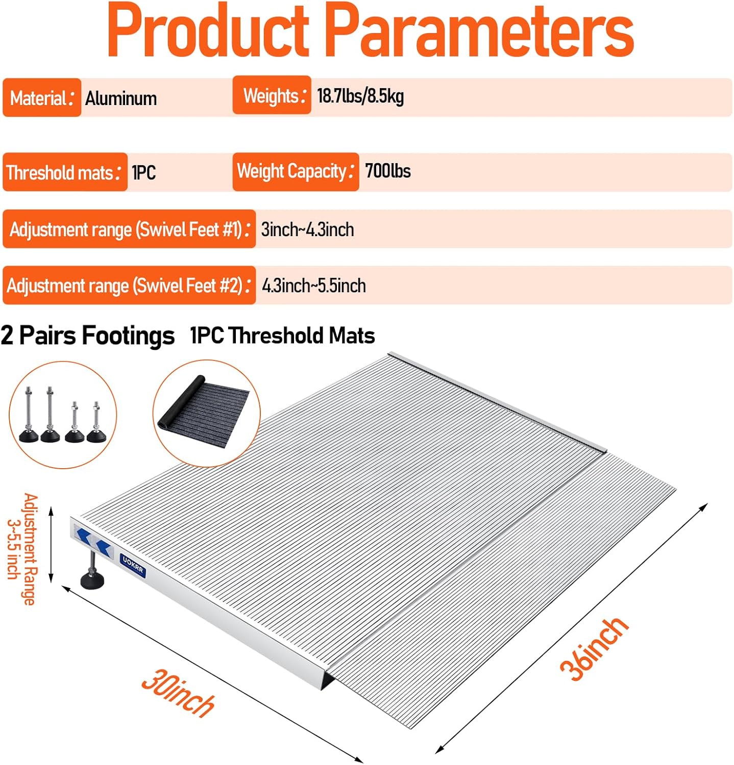 Aluminum Wheelchair Threshold Ramp for Doorways, Adjustable Height

