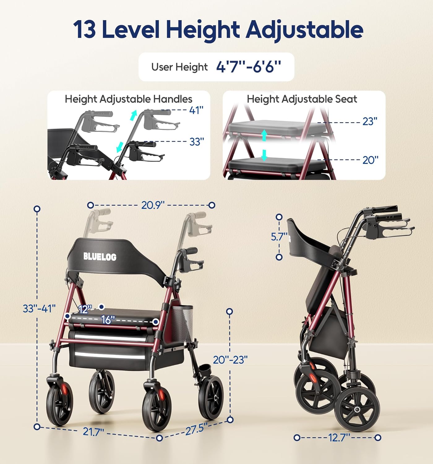 Bluelog Rollator Walker with Seat and Cup Holder, 350 lb Capacity, All-Terrain Wheels


