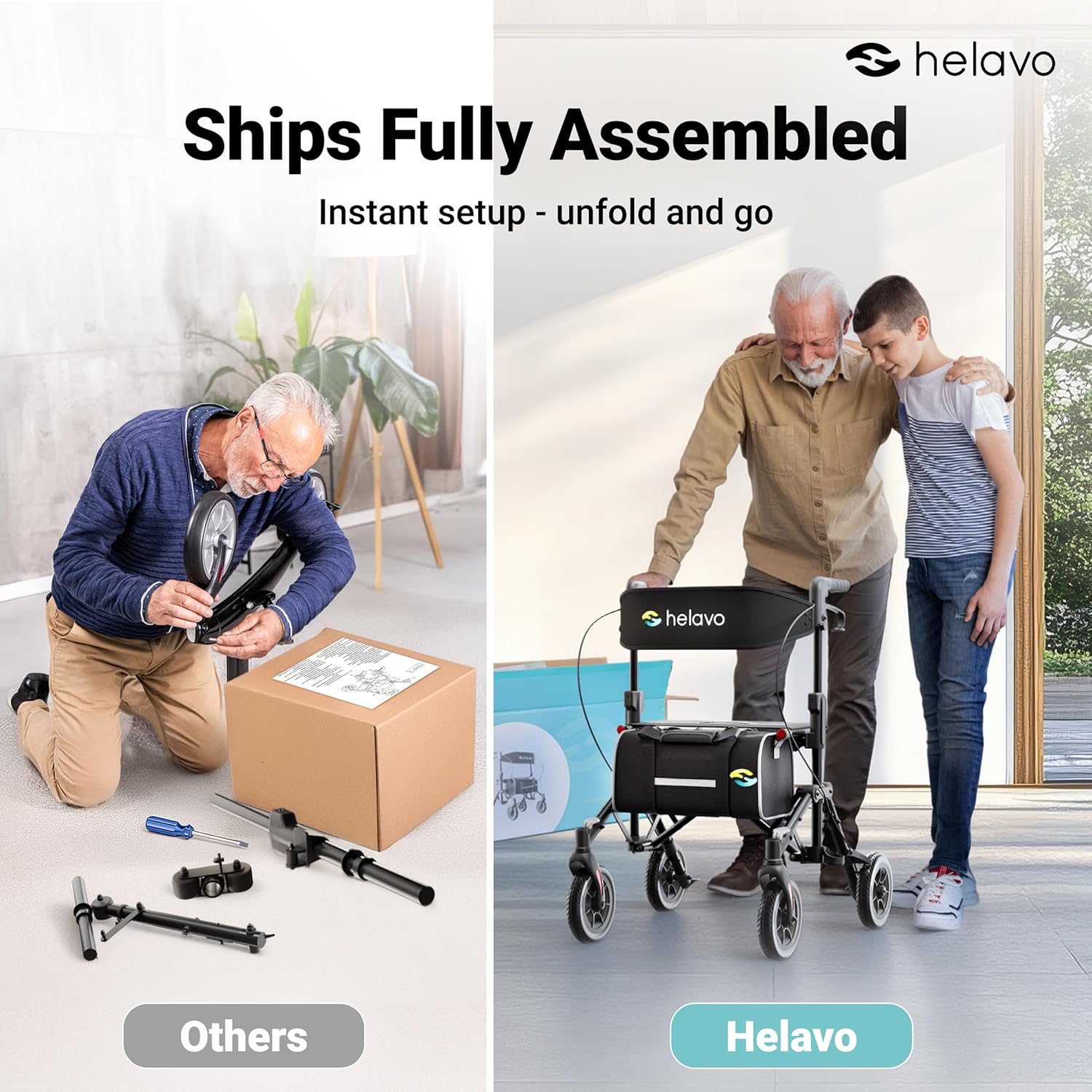 Helavo Ultra-Compact Rollator Walker with Seat, Double-Fold, 8 in Rubber Wheels

