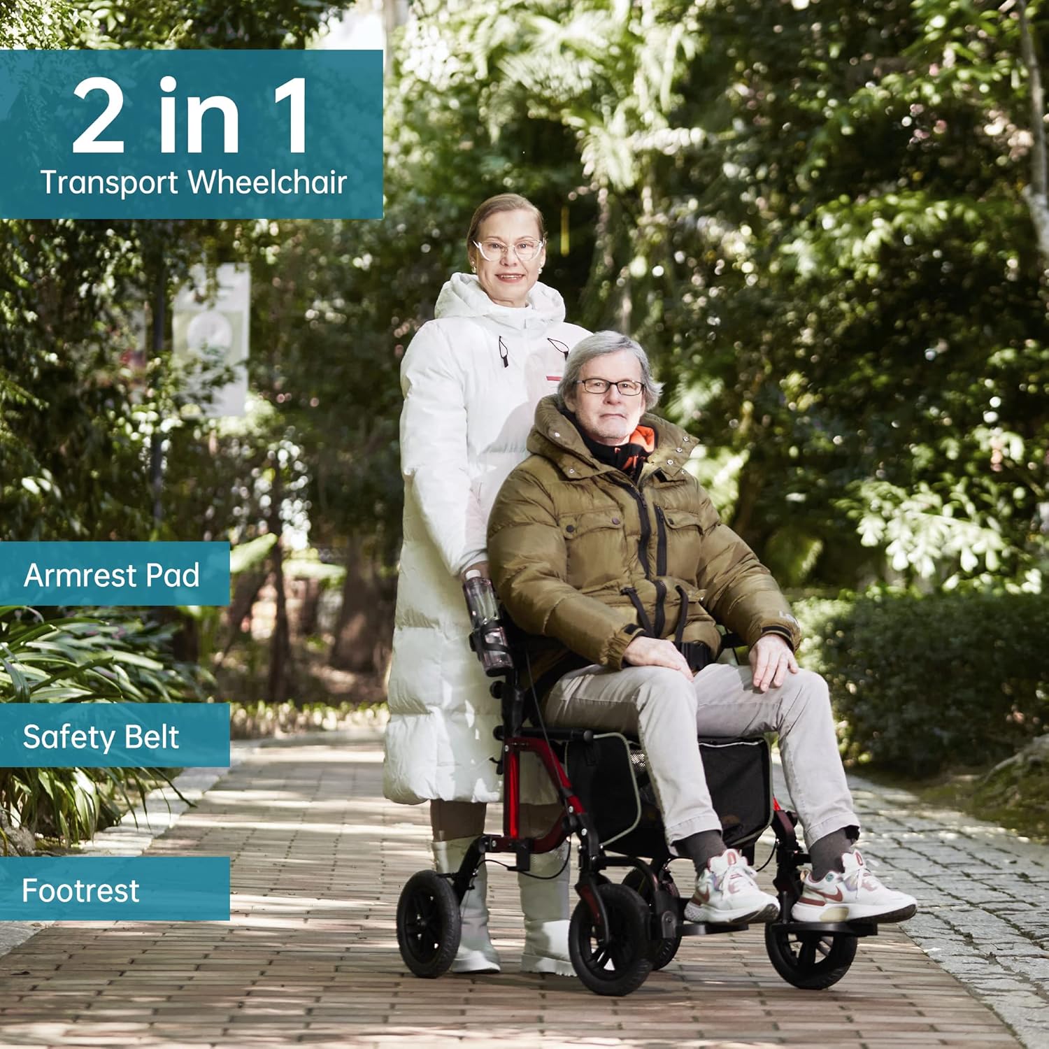 ELENKER 2-in-1 Rollator Walker & Transport Chair, Folding Wheelchair, Non-Pneumatic Wheels

