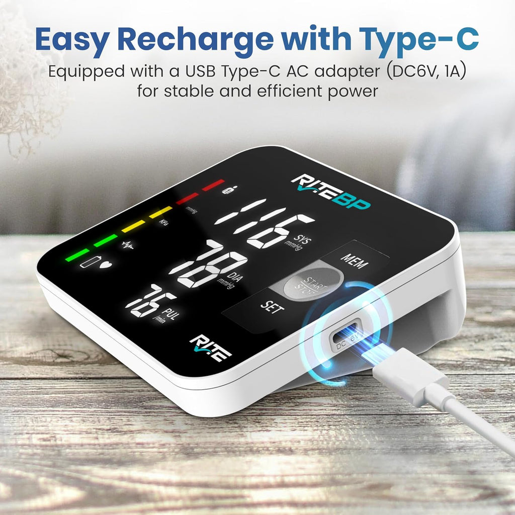 RiteBP Upper Arm Digital Blood Pressure Monitor, USB Type-C Rechargeable

