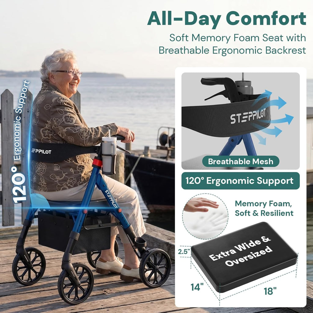 Bariatric Rollator Walker with Seat, 500 lb Aluminum Frame, 8 in All-Terrain Wheels

