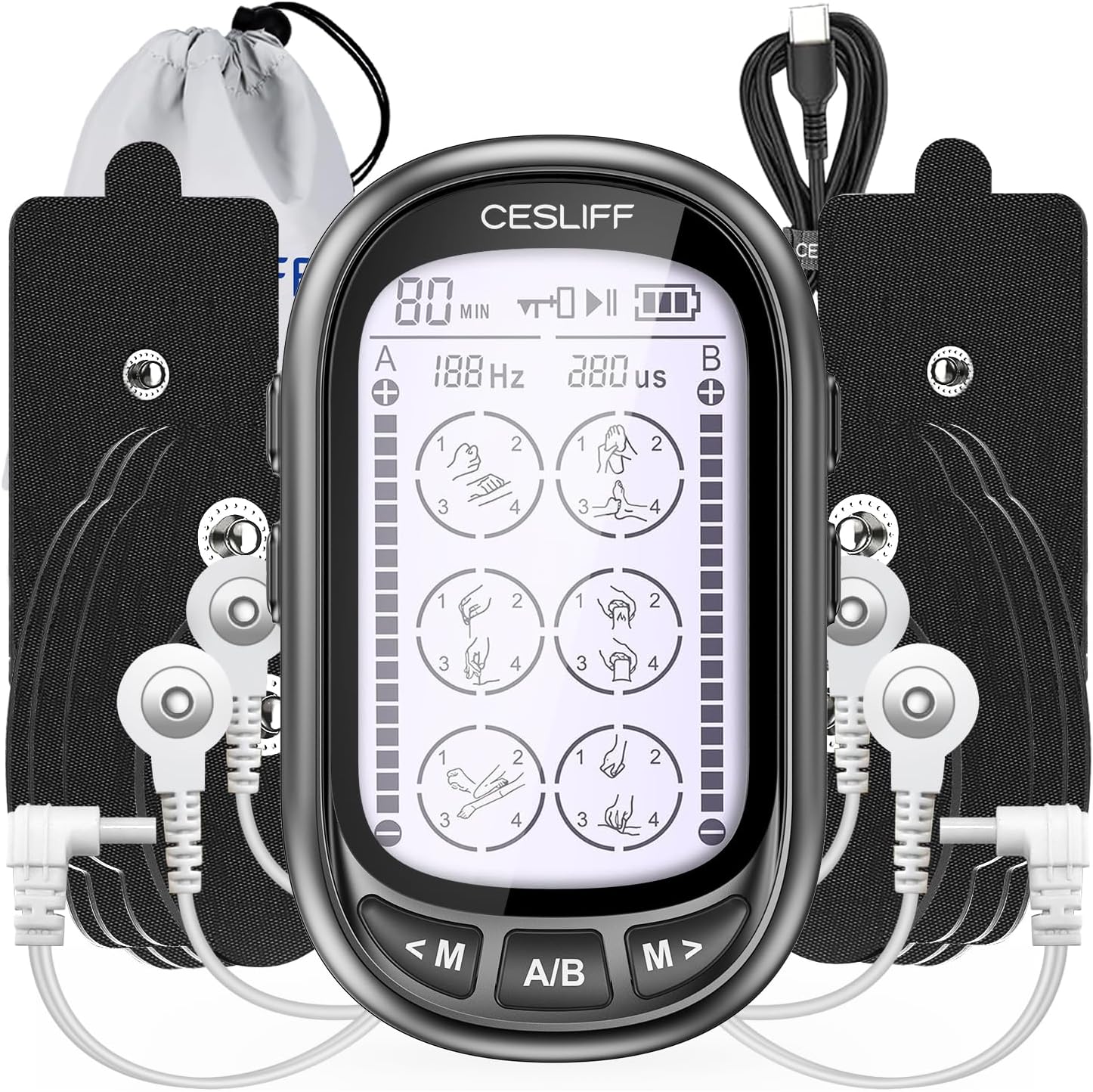 CESLIFF Dual Channel TENS EMS Unit with Large LCD, 24 Modes, 36 Levels, 10 Pads


