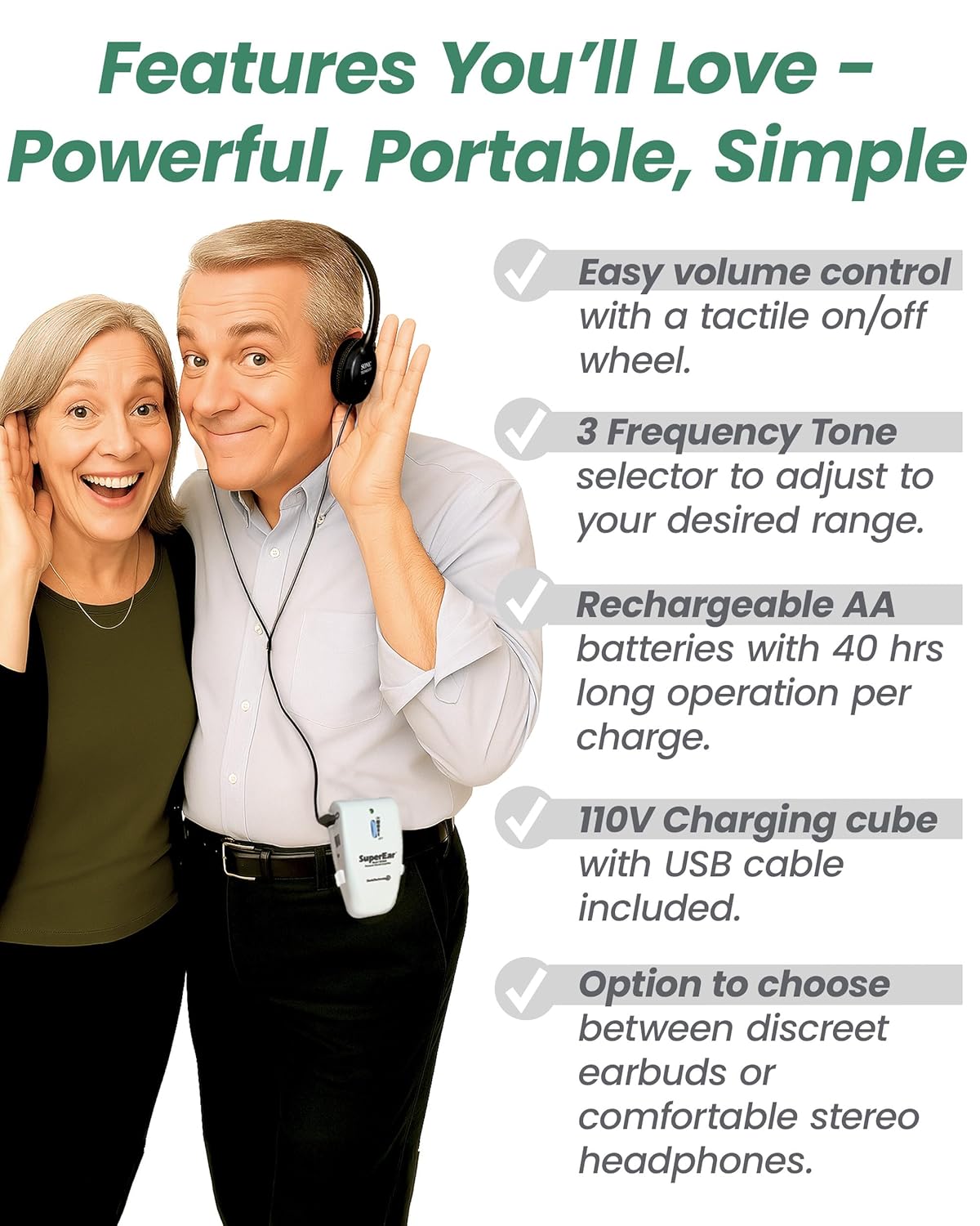 SuperEar Personal Sound Amplifier for Seniors, Rechargeable Listening Amplifier

