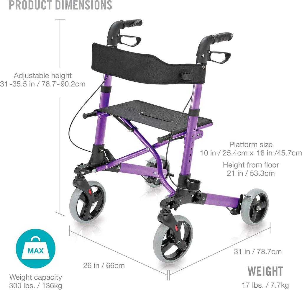 HealthSmart Rollator Walker with Seat and Backrest, Adjustable Handle, Folding Frame

