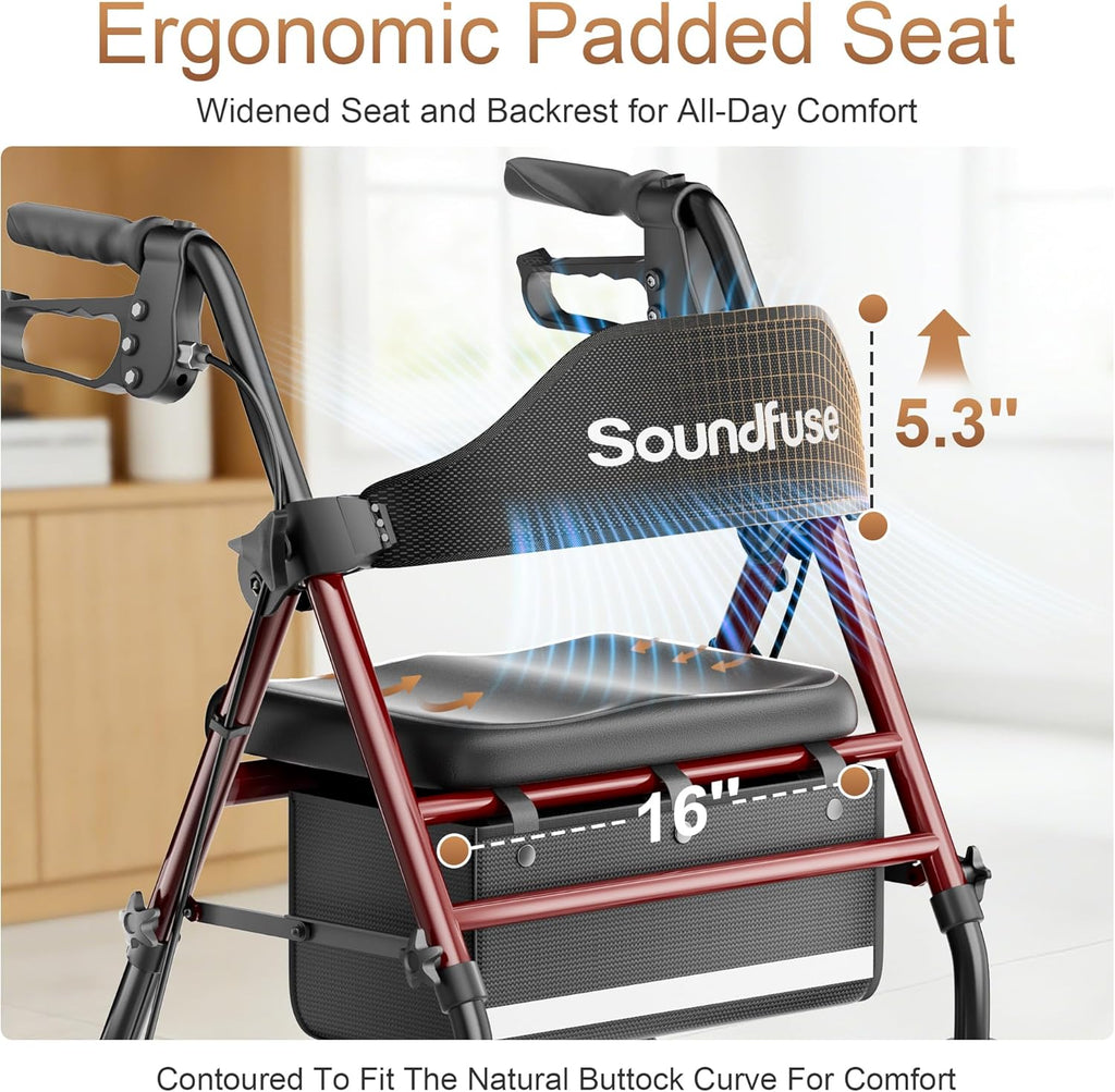 SOUNDFUSE Rollator Walker with Seat, All-Terrain 8 in Wheels, Height Adjustable Foldable

