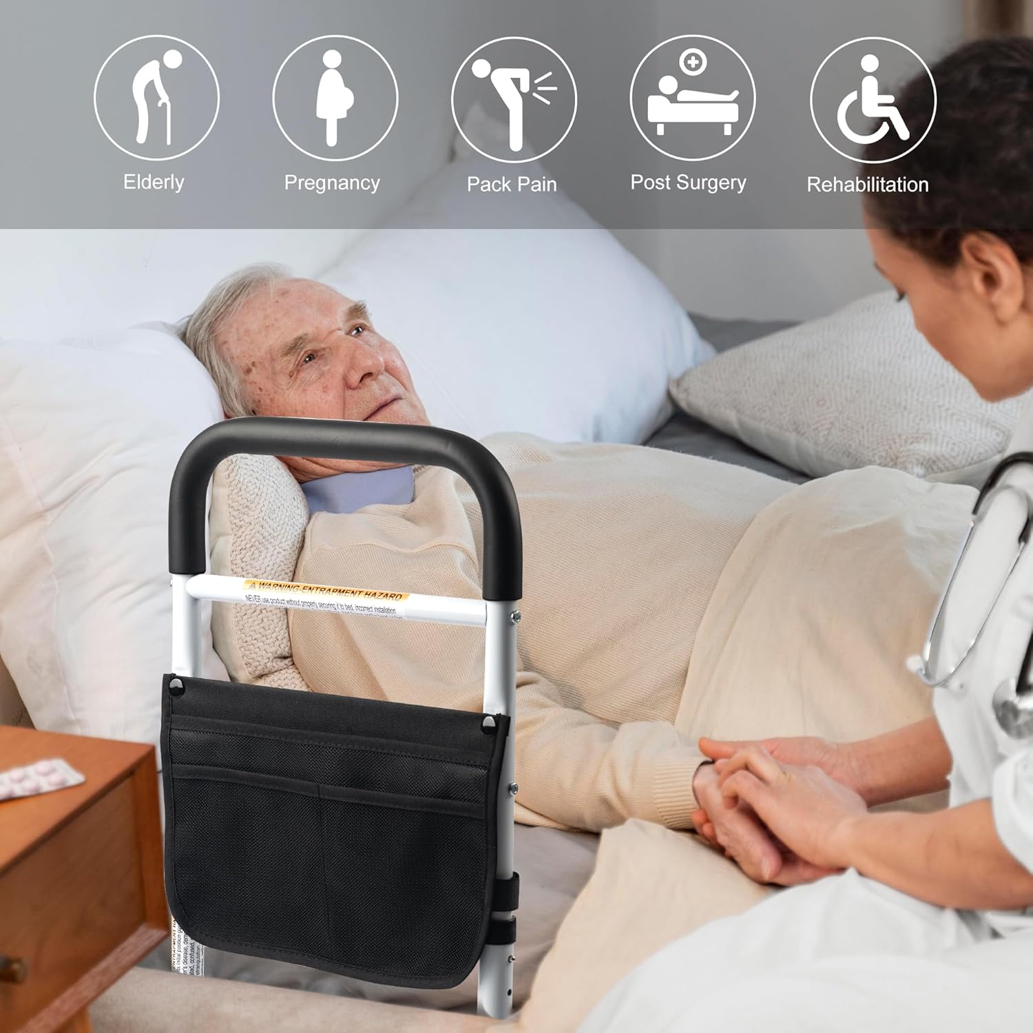 Adjustable Portable Bed Safety Rail for Seniors, Bed Assist Bar with Storage Bag

