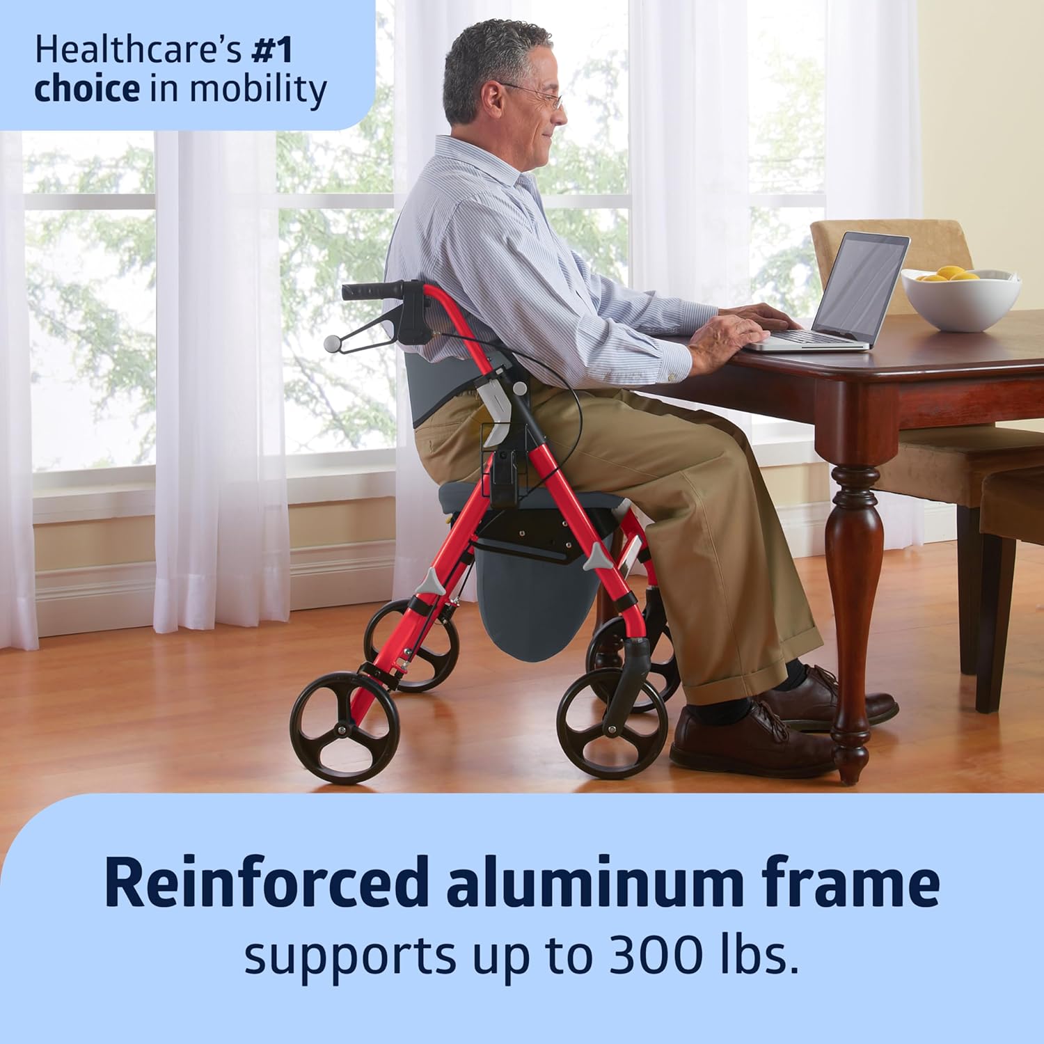 Medline Empower Rollator Walker with Memory Foam Seat, 8" Wheels, Cupholder, 300 lb

