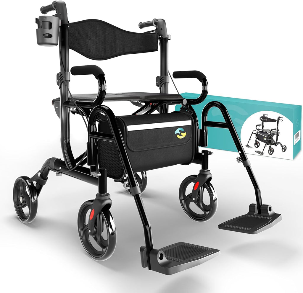 Helavo 2-in-1 Folding Aluminum Walker Wheelchair Combo with Footrests, 300 lb

