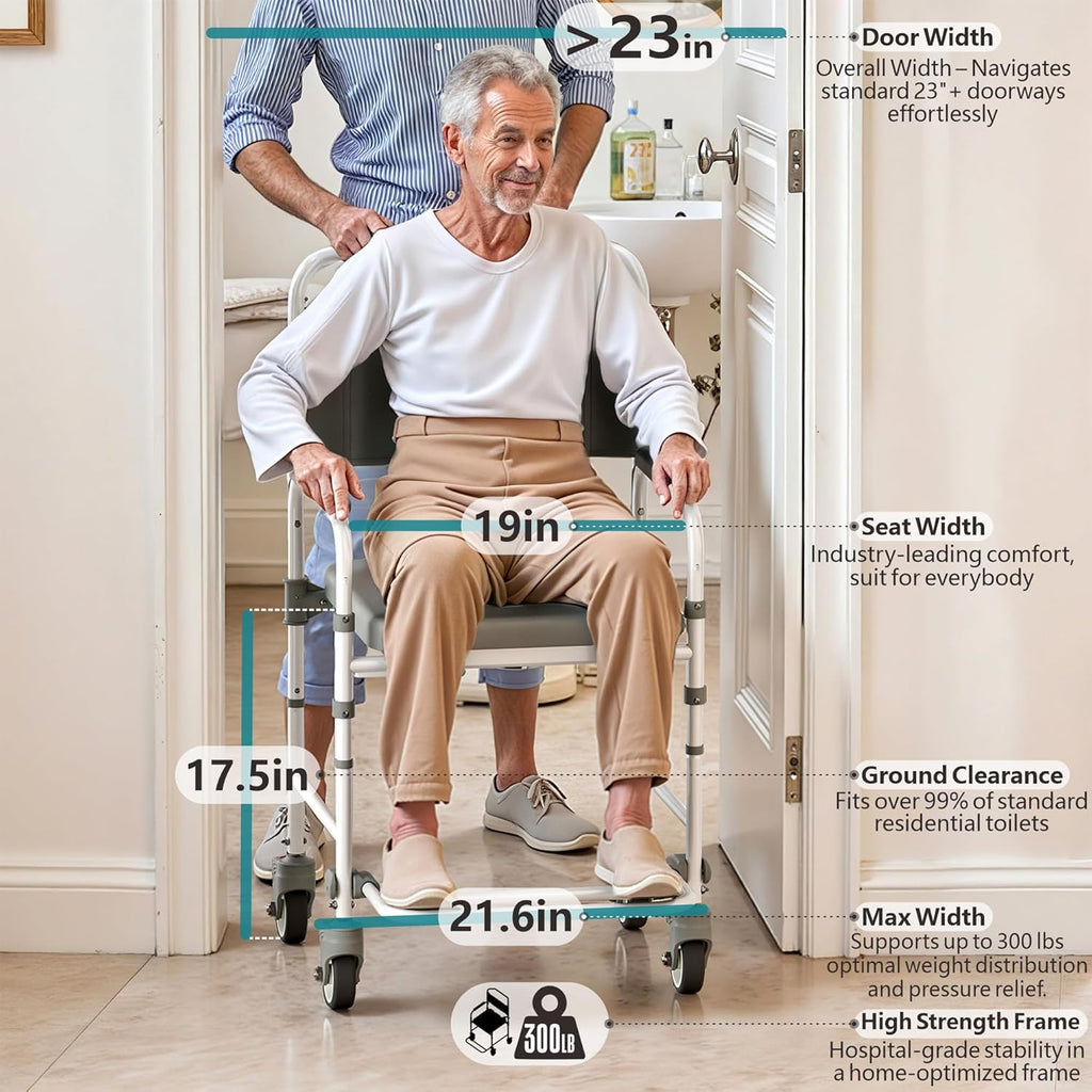 Bedside Commode with Wheels, Shower Wheelchair Potty Chair, 300 lb Weight Capacity

