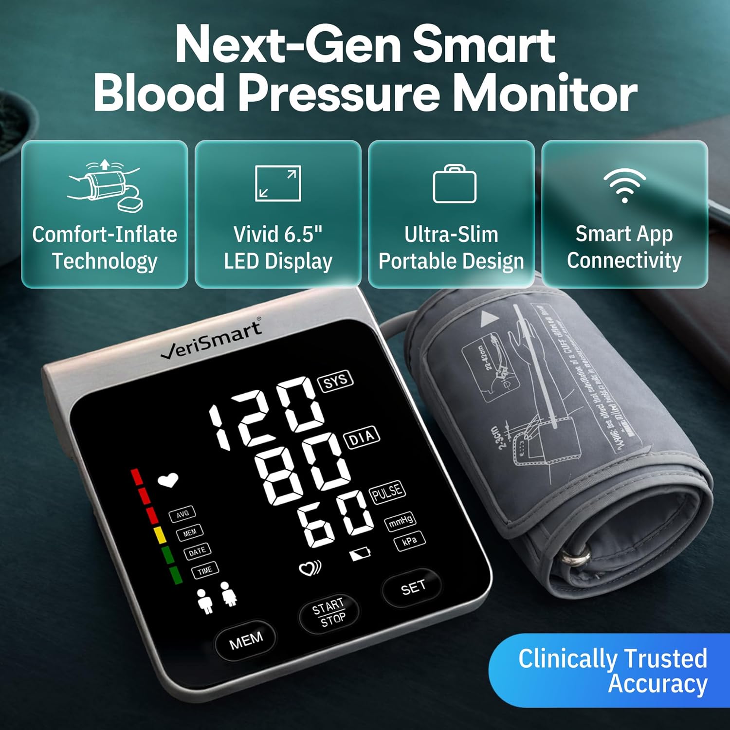 VeriSmart Health Smart Upper Arm Blood Pressure Monitor with Bluetooth, LED Display

