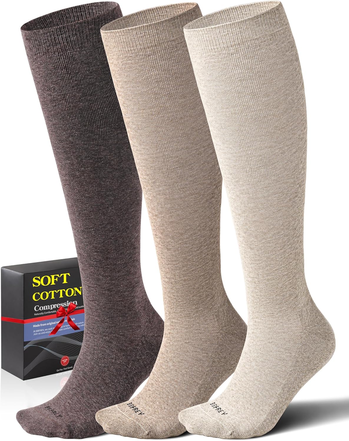 Cotton Compression Socks for Women Men, Knee High 20–30 mmHg, Seamless Toe

