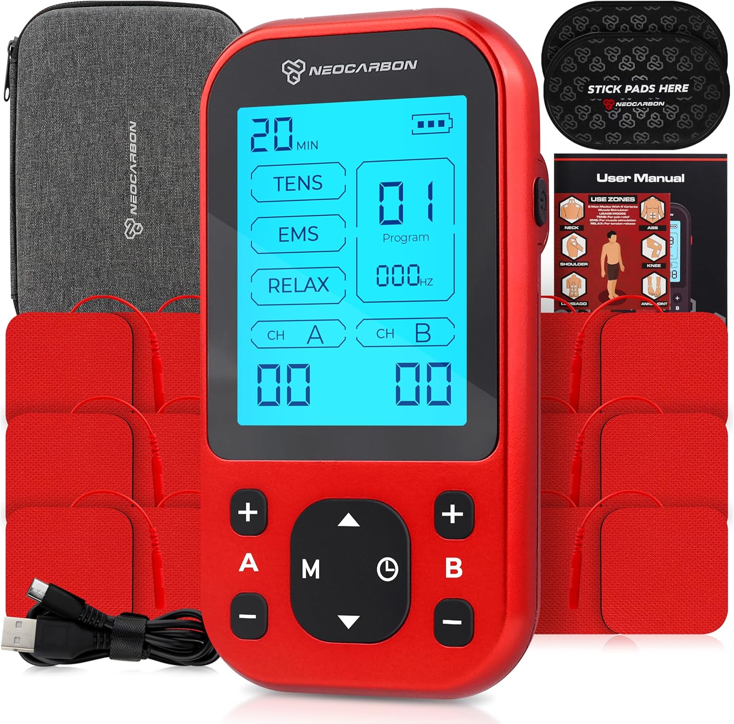 NEOCARBON TENS EMS PMS Muscle Stimulator Pro for Back Pain Relief Rechargeable


