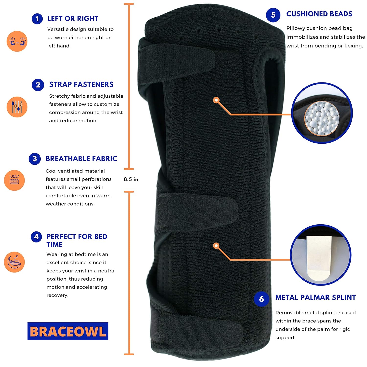 BRACEOWL Adjustable Carpal Tunnel Wrist Brace Night Splint for Pain Relief

