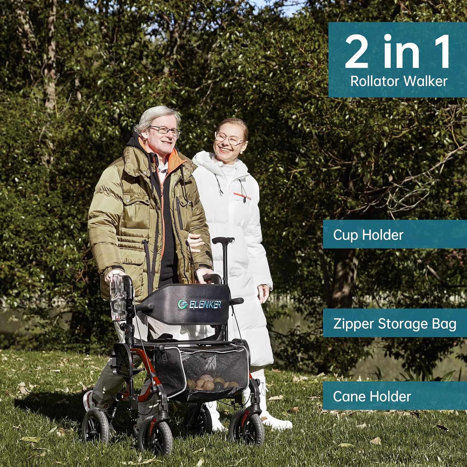 ELENKER 2-in-1 Rollator Walker & Transport Chair, Folding Wheelchair, Non-Pneumatic Wheels

