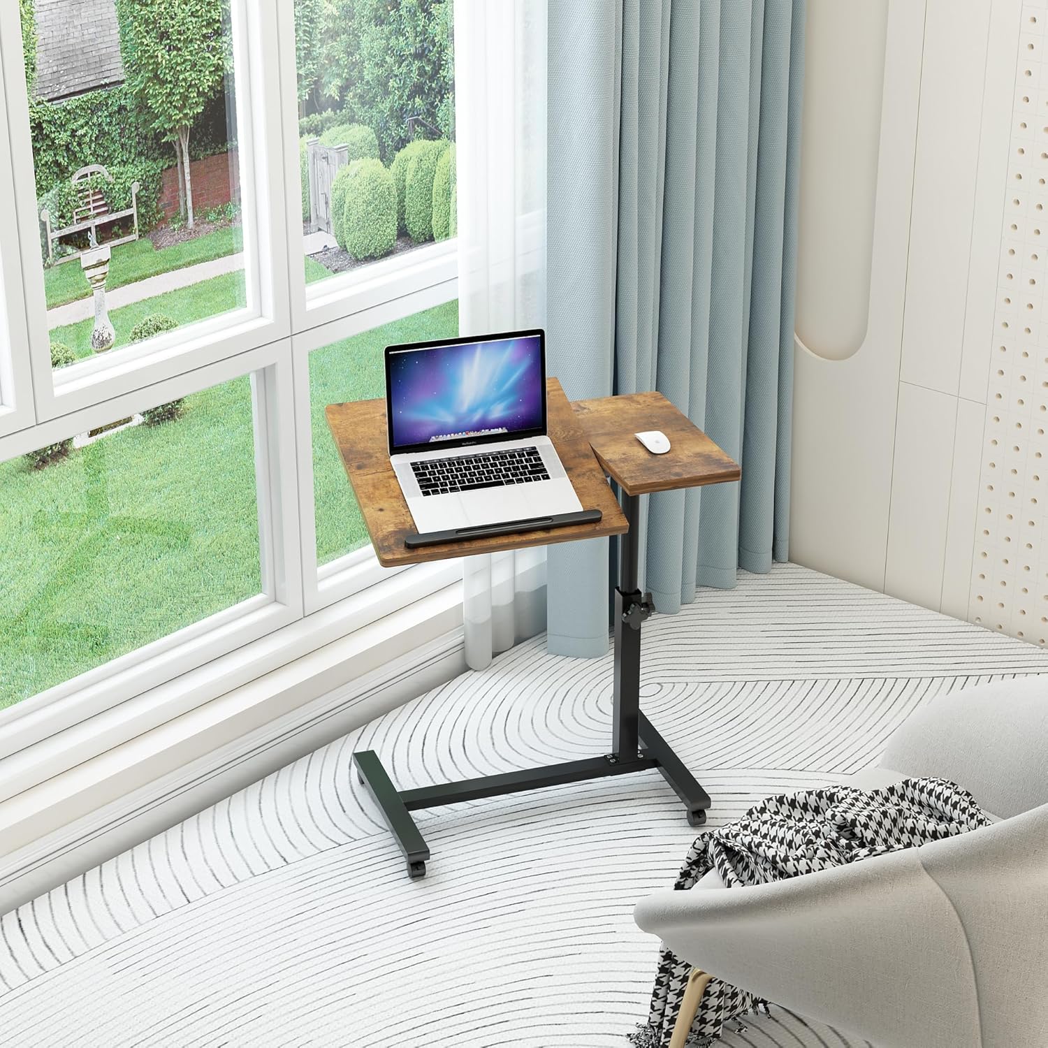 TigerDad Adjustable Overbed Table with Wheels, Rolling Bed Laptop Desk

