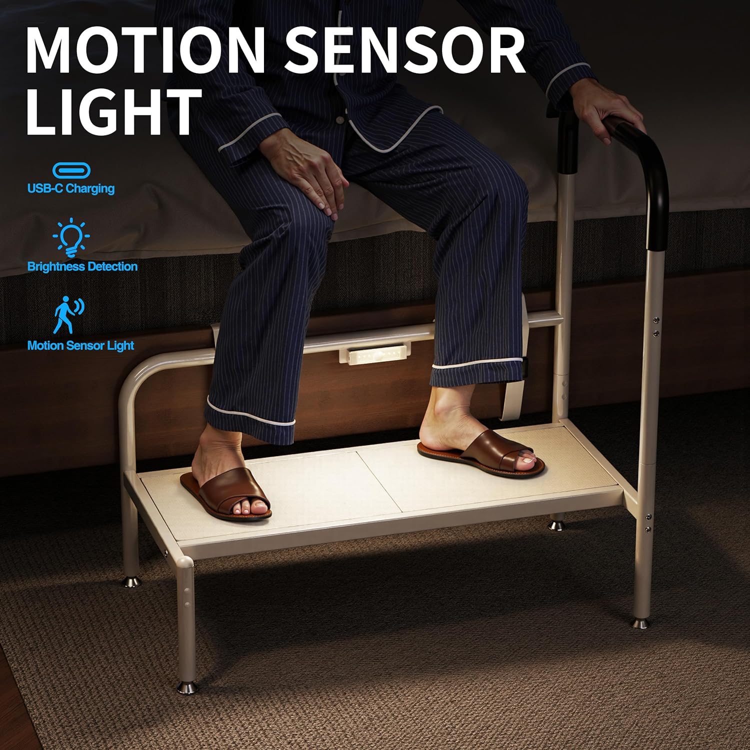 Bed Step Stool for Adults with Non-Slip Handle, Assist Rail and LED Night Light

