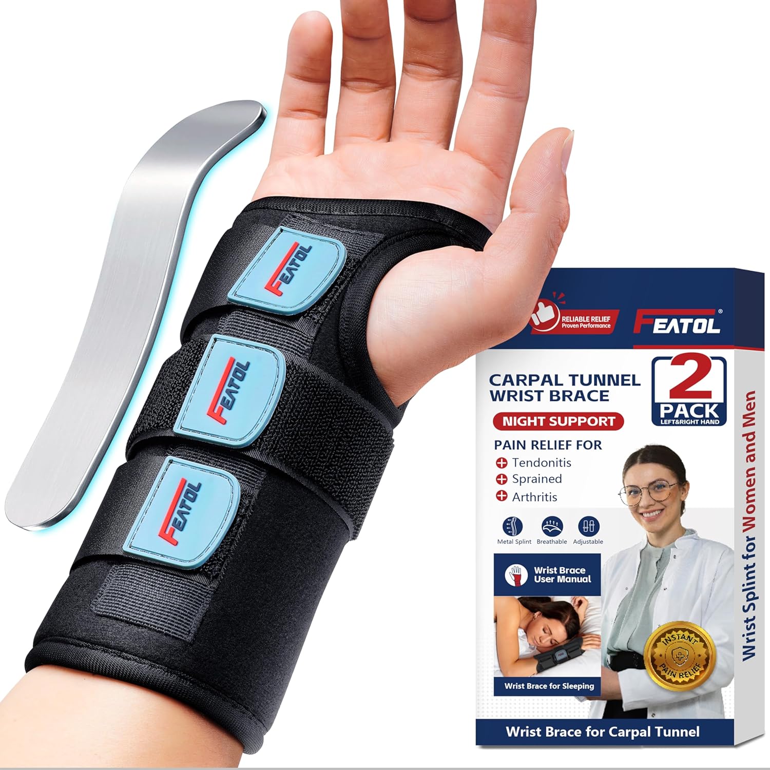 FEATOL Carpal Tunnel Wrist Brace Night Support Wrist Splint for Sleeping


