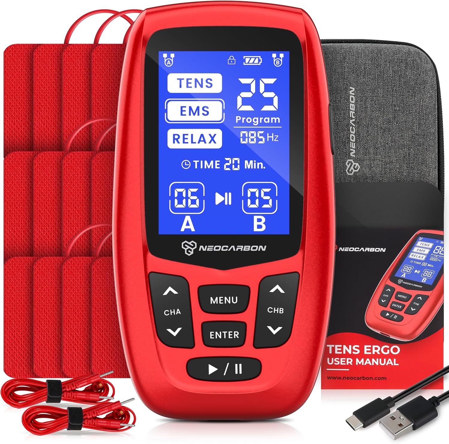 NEOCARBON TENS Unit Muscle Stimulator Ergo Electronic EMS Pulse Massager for Pain Relief

