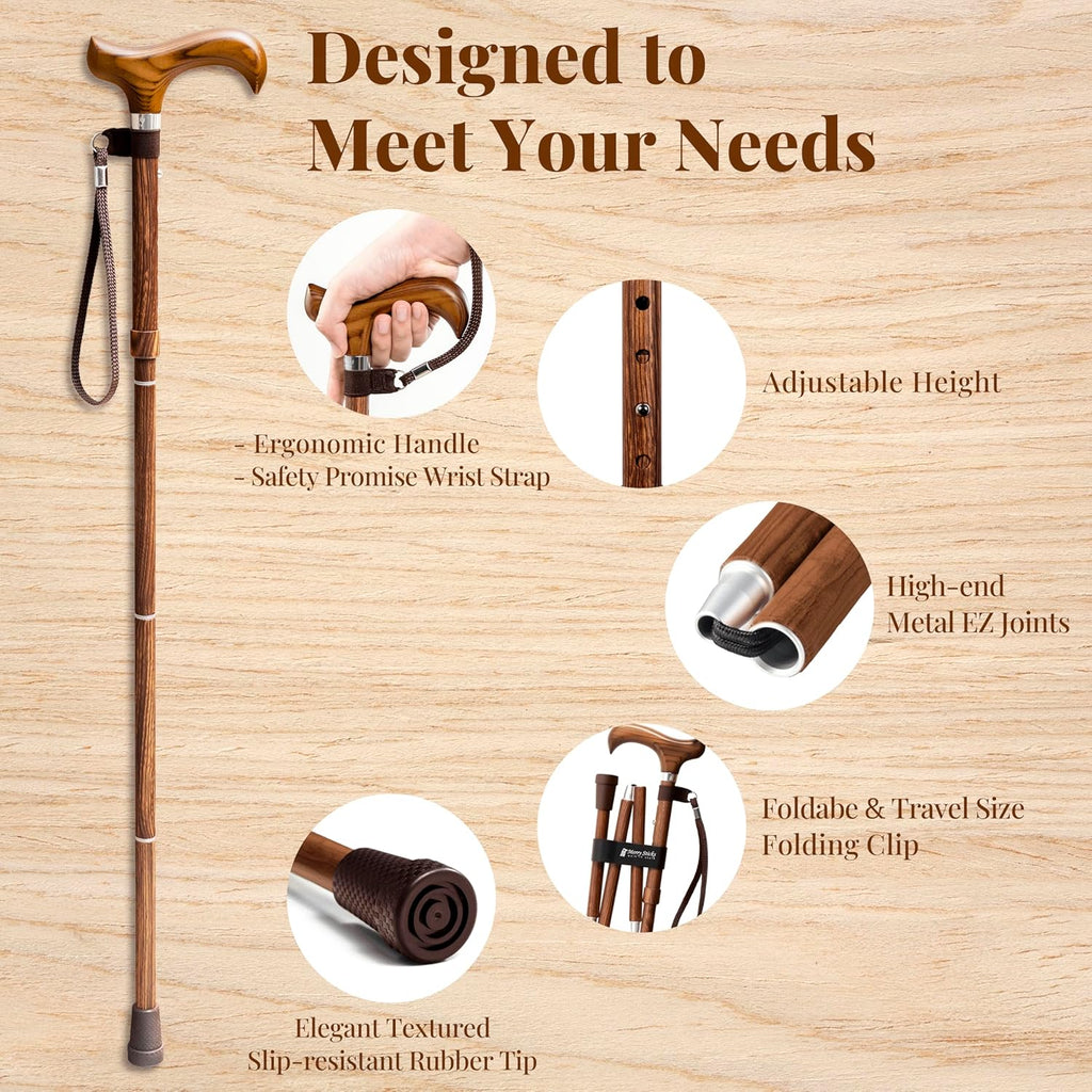 Merry Sticks Lightweight Foldable Walking Cane, Adjustable 4-Section, Wrist Strap

