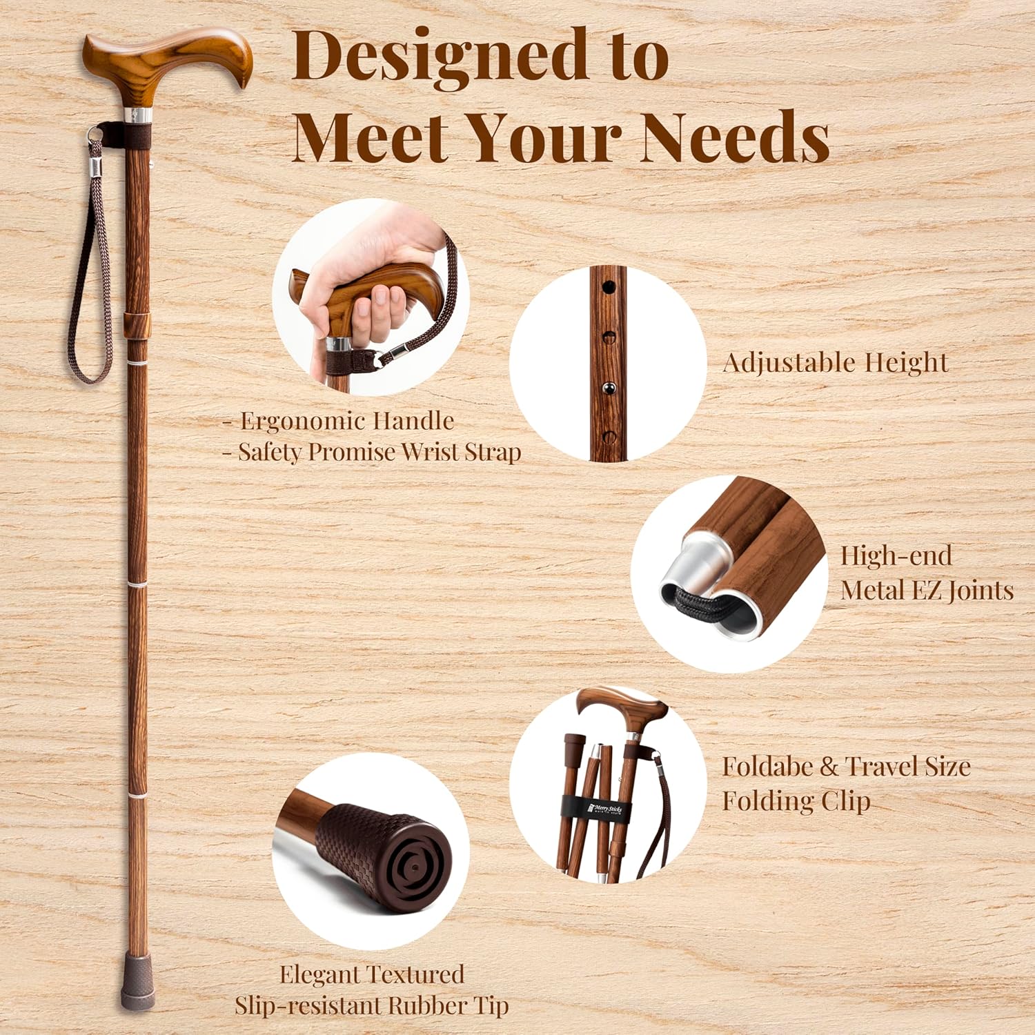 Merry Sticks Lightweight Foldable Walking Cane, Adjustable 4-Section, Wrist Strap

