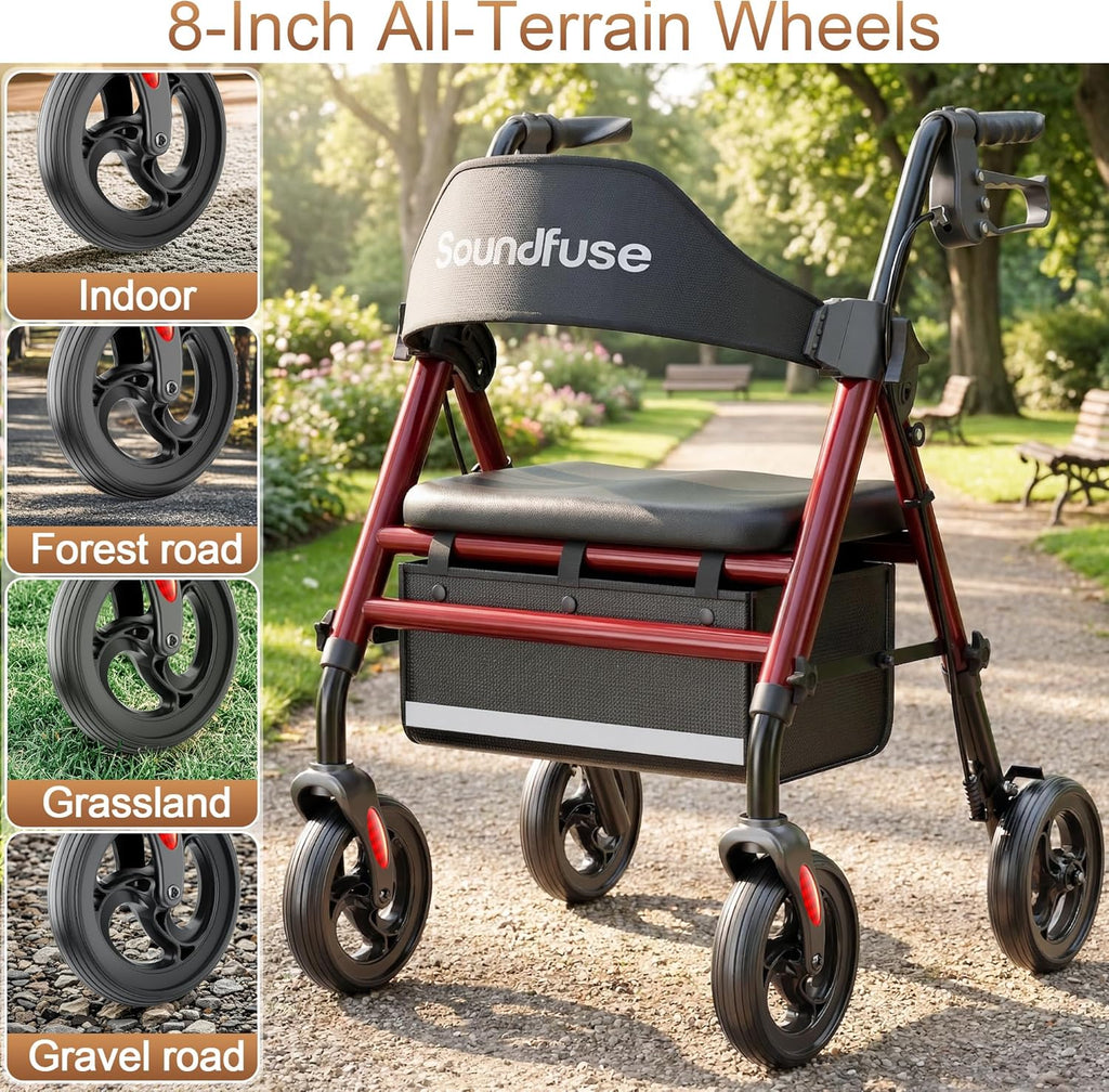 SOUNDFUSE Rollator Walker with Seat, All-Terrain 8 in Wheels, Height Adjustable Foldable

