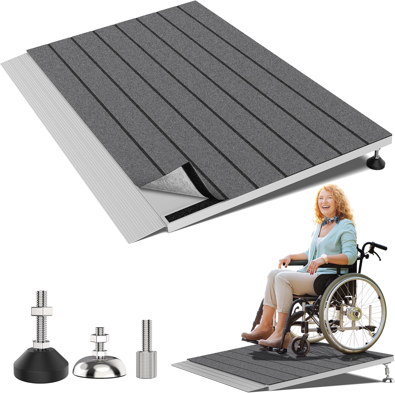 Aluminum Wheelchair Threshold Ramp with Non-Slip Mat, Adjustable Height Platform

