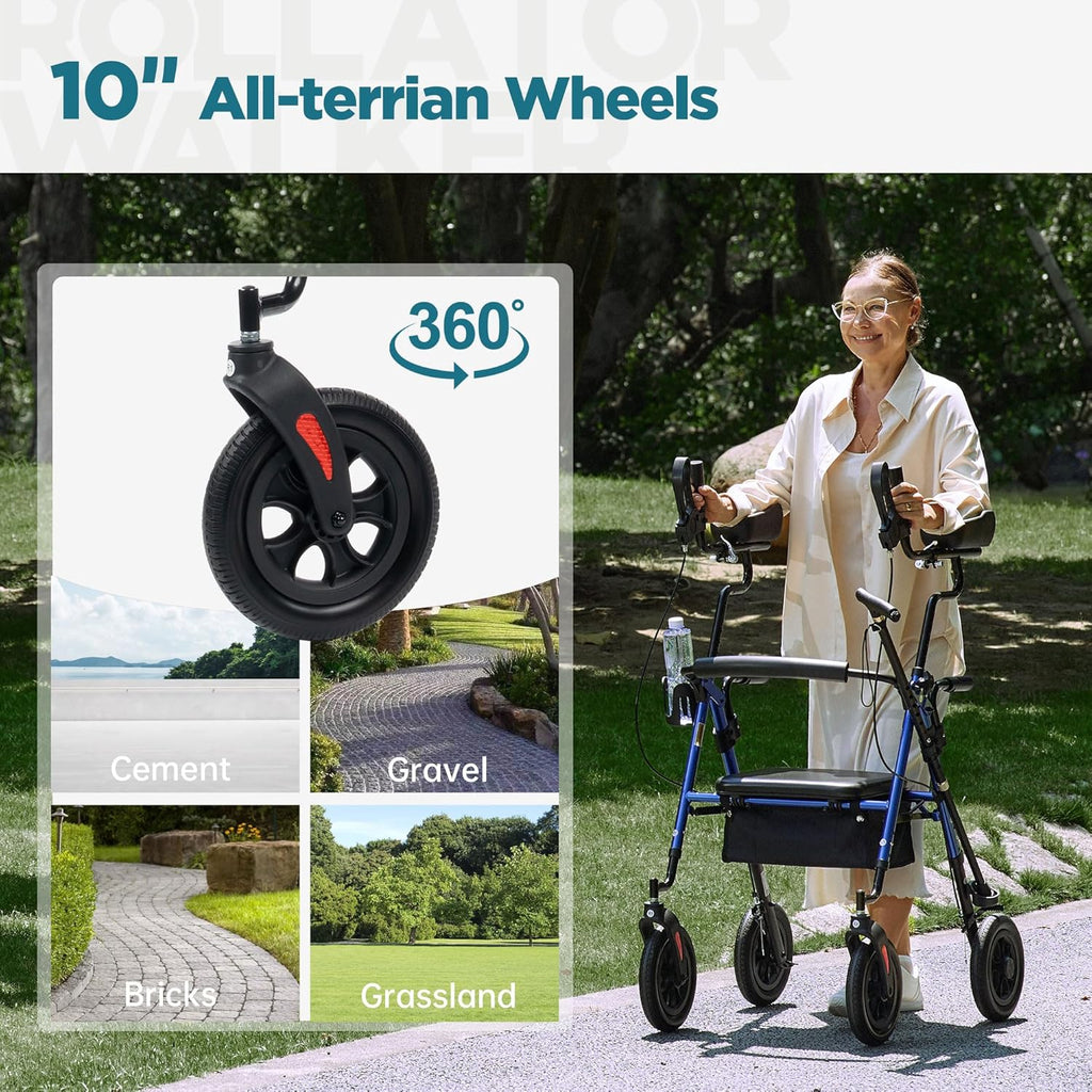 ELENKER Upright Rollator Walker with Adjustable Padded Armrests and 10-Inch PU Wheels

