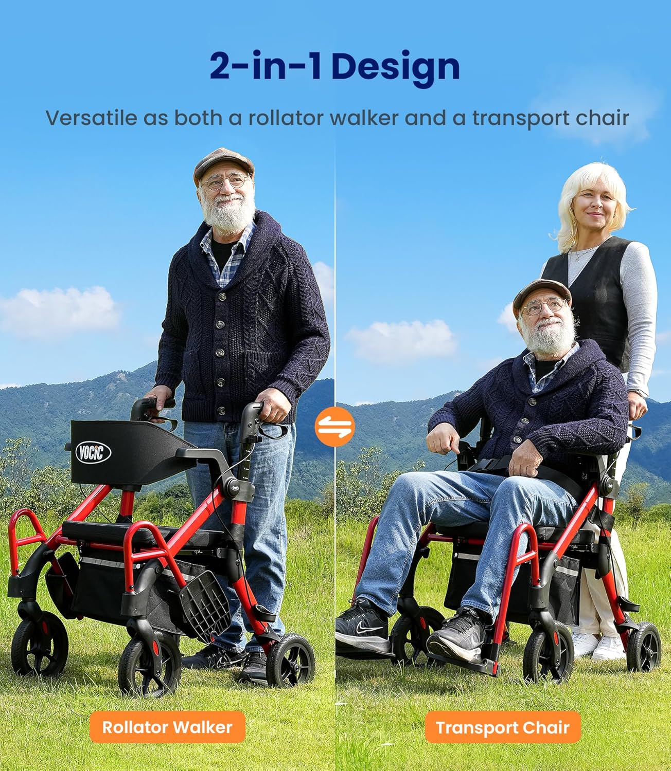 VOCIC 2-in-1 Walker Transport Wheelchair Rollator with Seat, Brakes, All-Terrain Wheels

