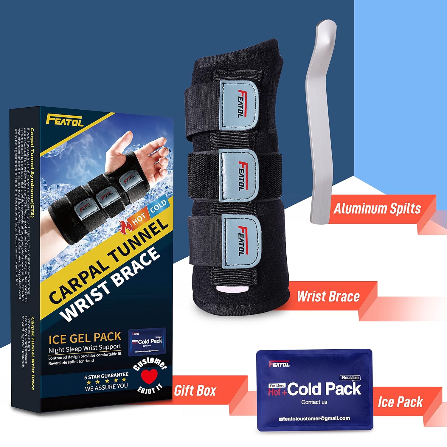 FEATOL Wrist Brace for Carpal Tunnel, Night Support Splint with Removable Ice Pack

