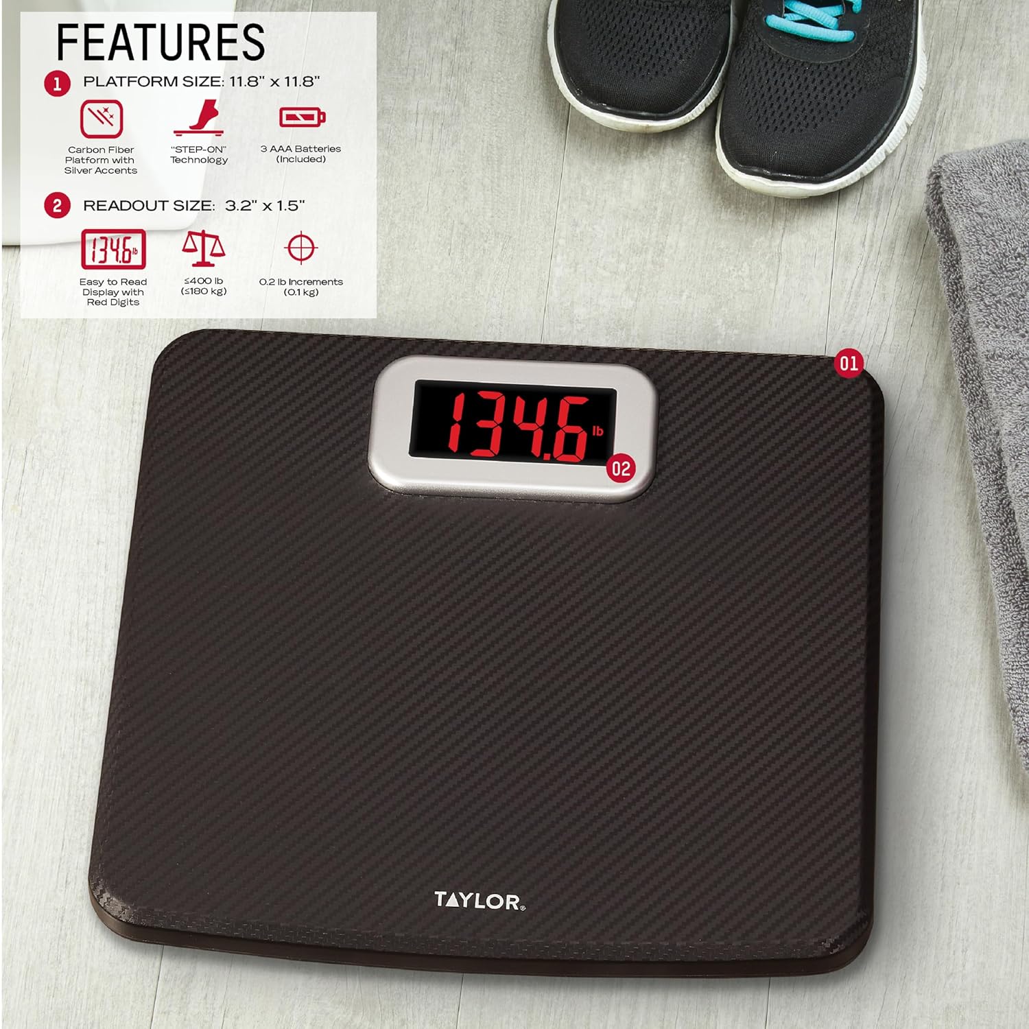 Taylor Digital Bathroom Scale with Carbon Fiber Anti-Slip Mat, 440 lb Capacity

