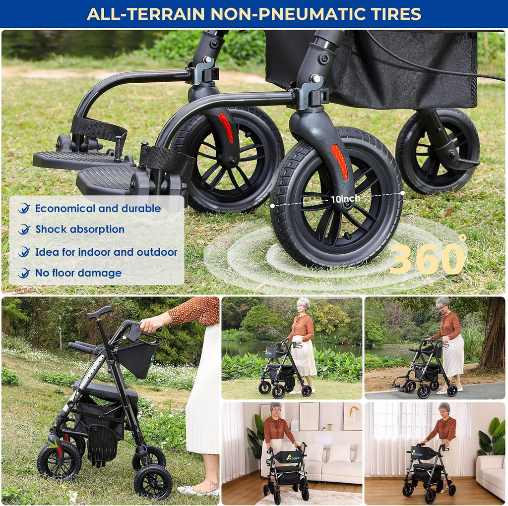 Akoasm Foldable Rollator Walker with Seat, 2-in-1 Wheelchair Combo

