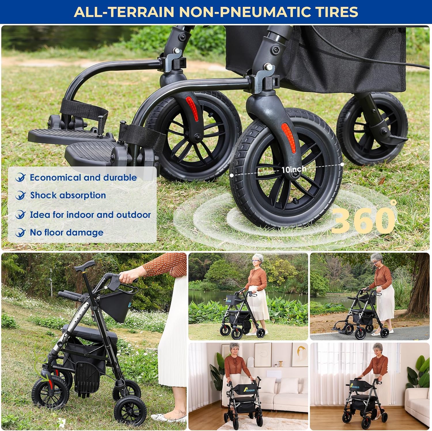 Akoasm Foldable Rollator Walker with Seat, 2-in-1 Wheelchair Combo

