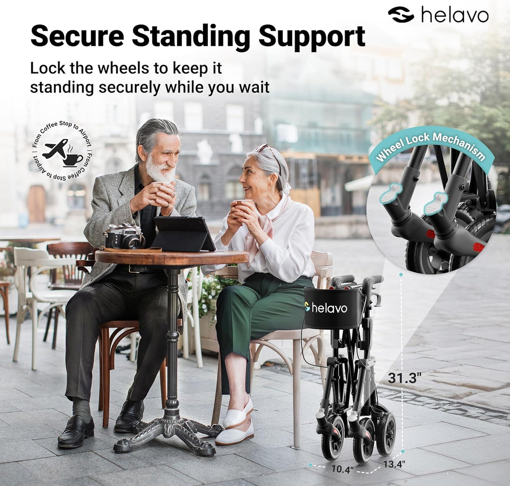 Helavo Ultra-Compact Rollator Walker with Seat, Double-Fold, 8 in Rubber Wheels

