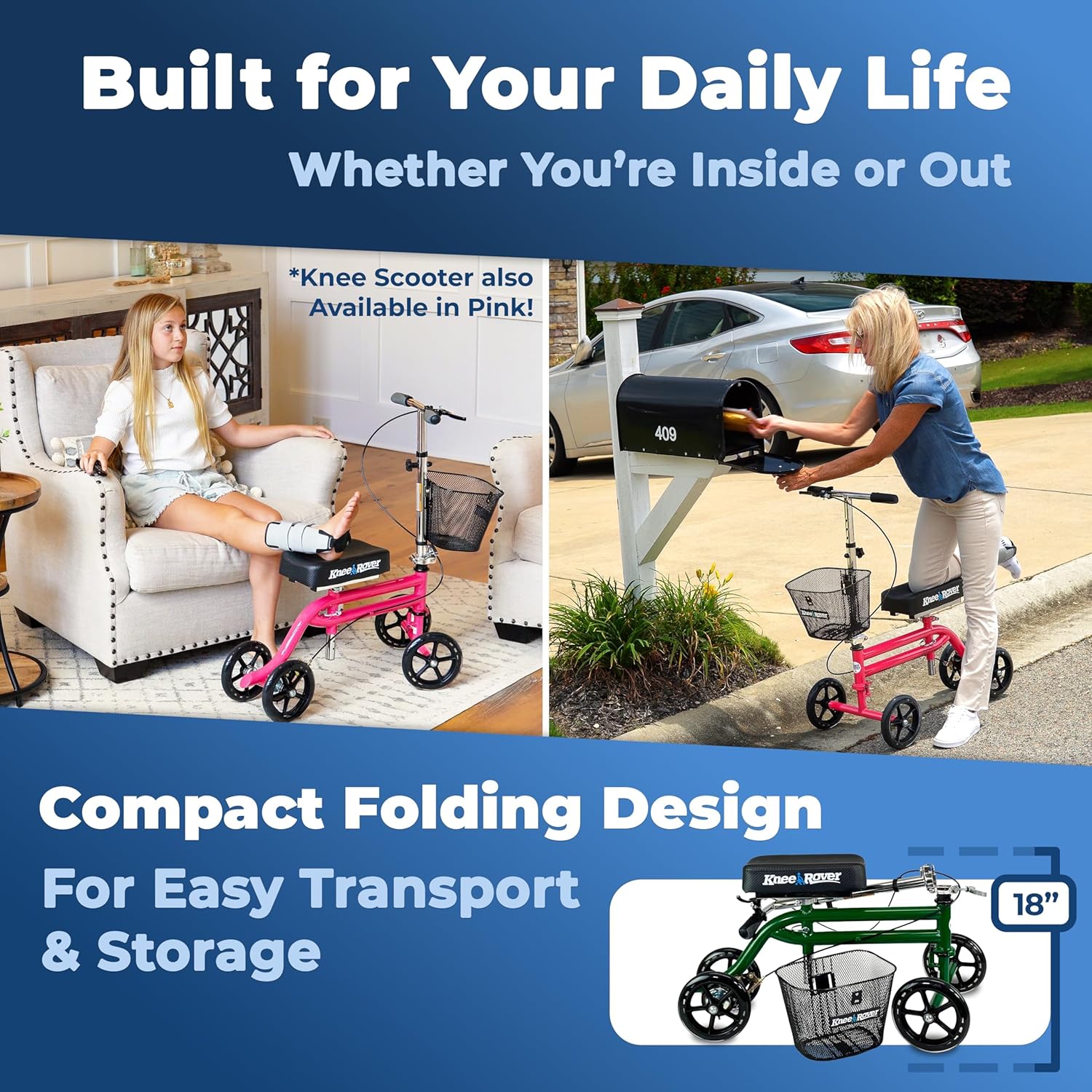 KneeRover Steerable Knee Walker for Adults, Foldable Crutch Alternative, Basket

