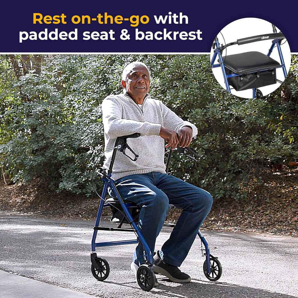 Drive Medical Aluminum Rollator Walker, Fold-Up Padded Seat, 6 in Wheels

