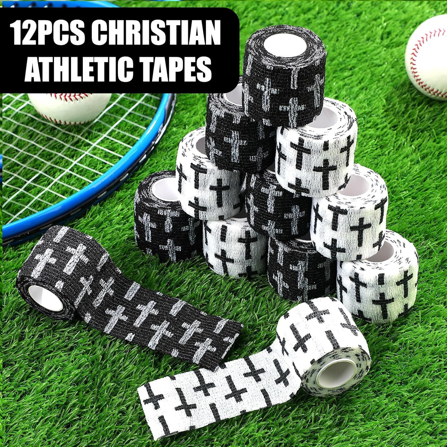 Geiserailie 12 Pack Christian Athletic Tapes 2 Inch Self Adhesive Sports Wraps 5 Yards

