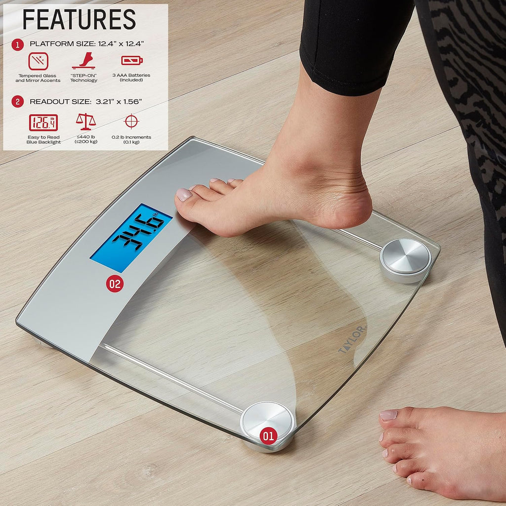 Taylor Digital Body Weight Scale with Glass Platform and Blue LCD Display

