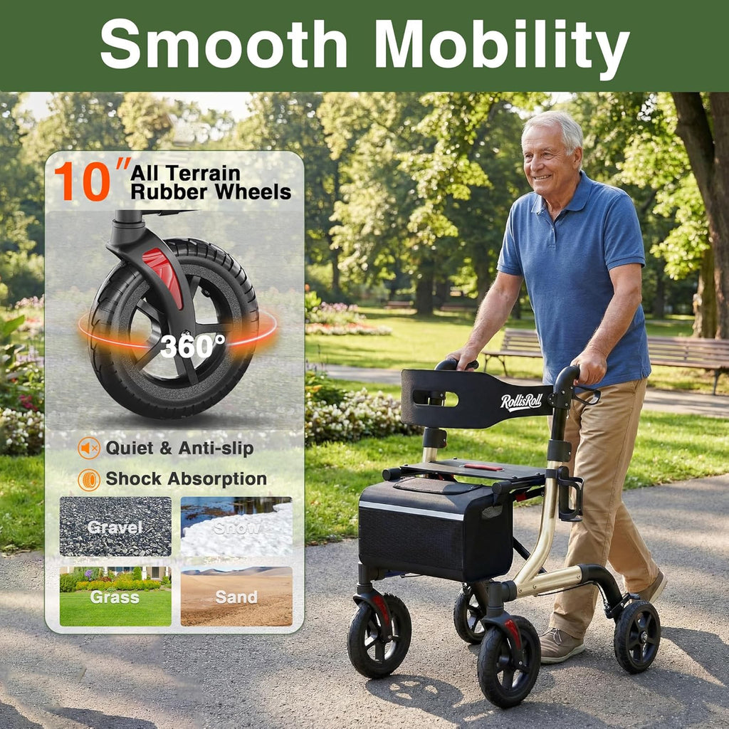 RollisRoll Rollator Walker with Seat, Foldable 4-Wheel, 10" All-Terrain Rubber Wheels

