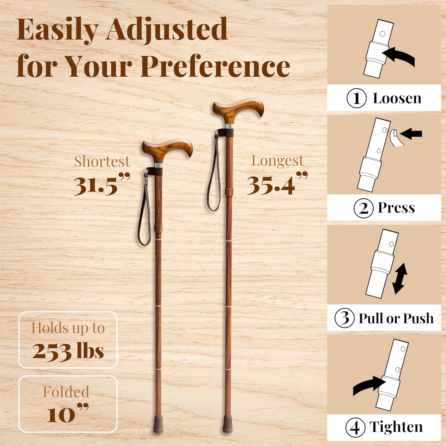 Merry Sticks Lightweight Foldable Walking Cane, Adjustable 4-Section, Wrist Strap

