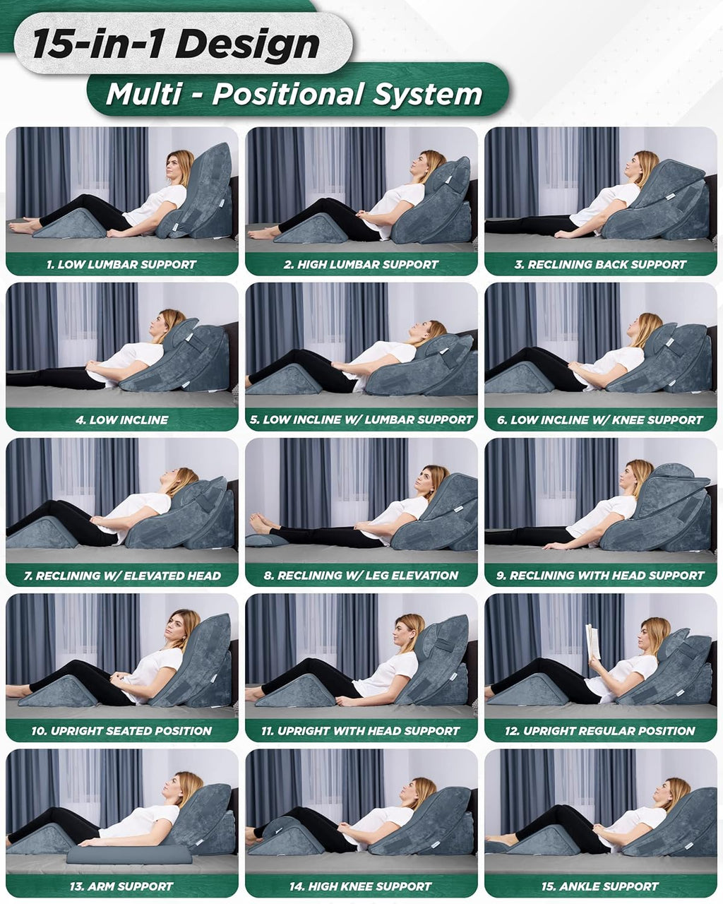 Lunix LX5 4-Piece Orthopedic Bed Wedge Pillow Set for Shoulder & Upper Body Support

