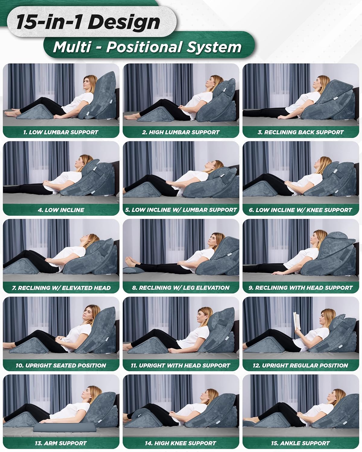 Lunix LX5 4-Piece Orthopedic Bed Wedge Pillow Set for Shoulder & Upper Body Support

